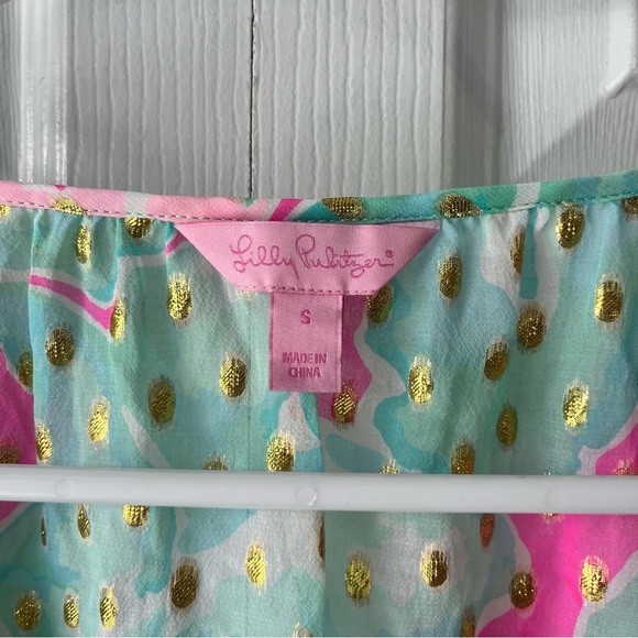 Lilly Pulitzer Rilla Sheer Tropical Pink Sands with Gold Metallic Blouse - Small - Picture 3 of 6